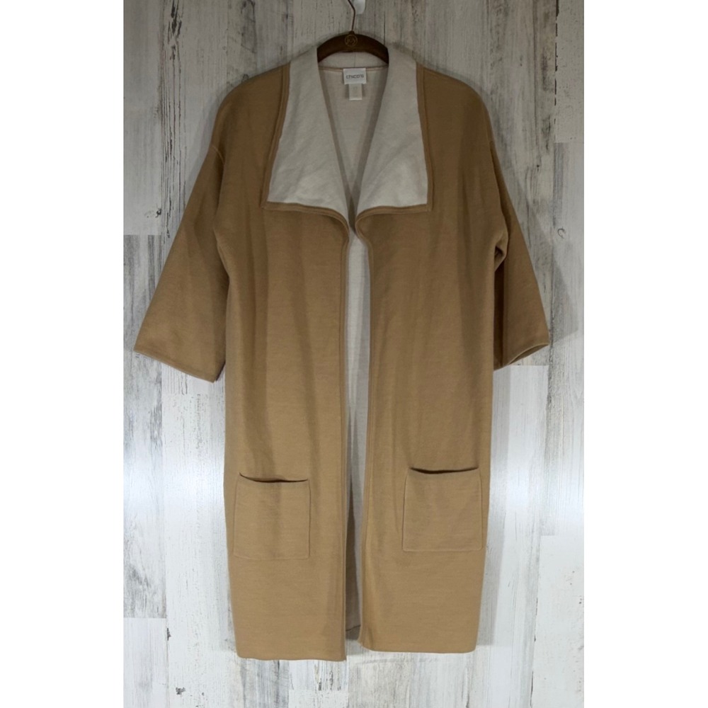 Chicos‎ Open Front Cardigan Size 0 Small Camel Tan Wool Blend 3/4 Sleeve Pockets